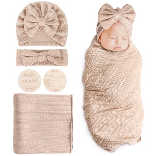 DRESHOW BQUBO Baby Swaddle Blankets for Girls 4PCS Newborn Accessories Set with Hat and Bow Headband with Hello World Wooden Birth Announcement Card Baby Blankets for Girls - Image 1