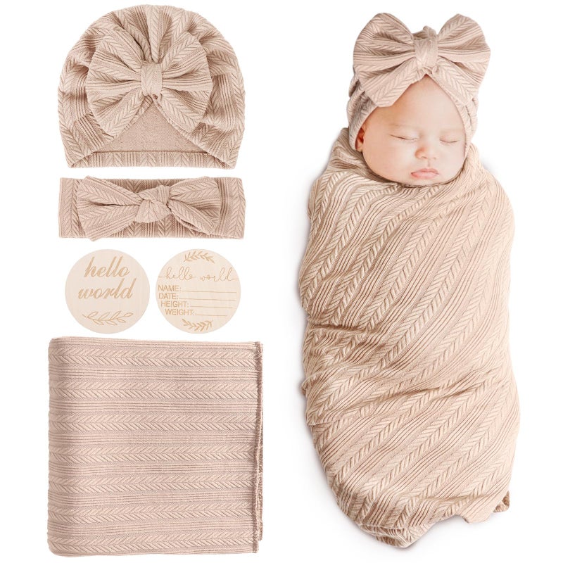 DRESHOW BQUBO Baby Swaddle Blankets for Girls 4PCS Newborn Accessories Set with Hat and Bow Headband with Hello World Wooden Birth Announcement Card Baby Blankets for Girls - Image 2