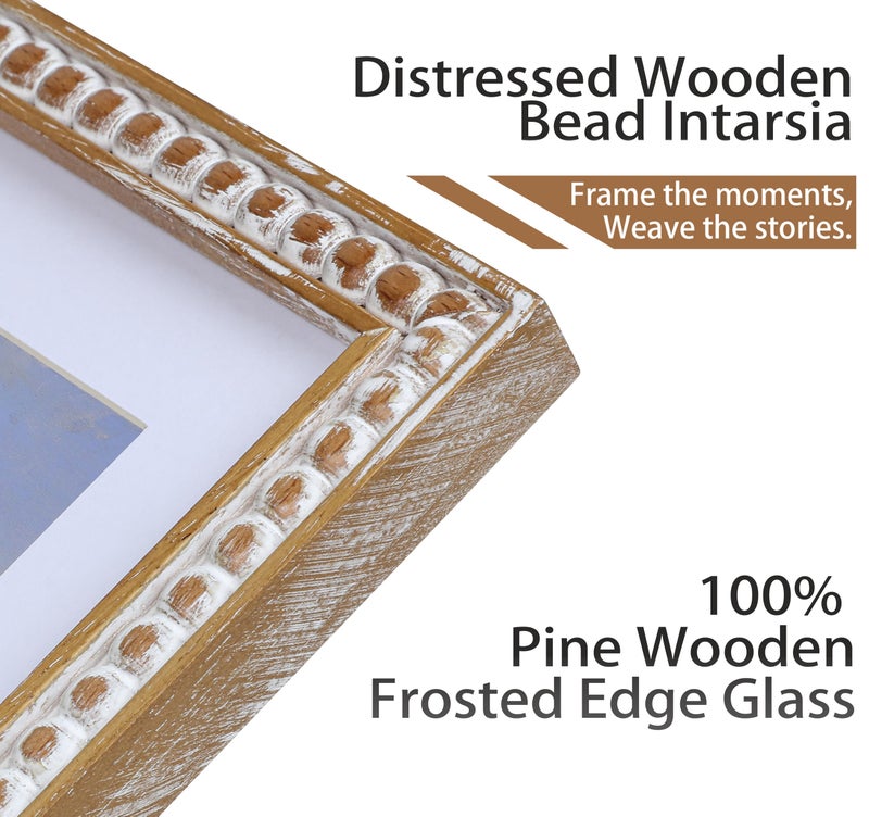 Gdfmsc 8x10 Rustic Picture Frame with Mat for 5x7/6x8, Farmhouse Boho Deco Distressed Beaded Wooden Real Glass, Vertical or Horizontal Display Photo Gallery Wall & Tabletop Frame, Natural - Image 4