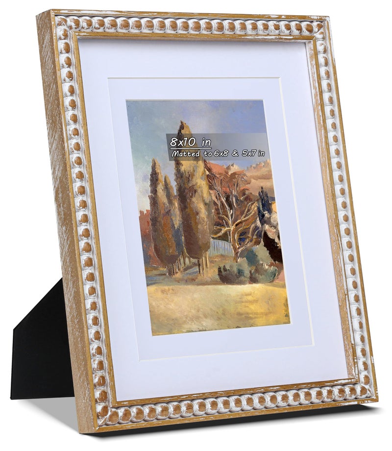 Gdfmsc 8x10 Rustic Picture Frame with Mat for 5x7/6x8, Farmhouse Boho Deco Distressed Beaded Wooden Real Glass, Vertical or Horizontal Display Photo Gallery Wall & Tabletop Frame, Natural - Image 1