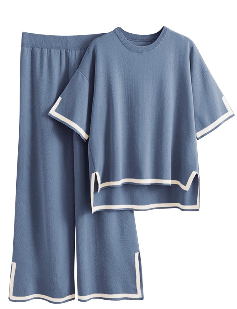 Tanming Sweater Sets Women 2 Piece Lounge Sets Short Sleeve Knit Pullover Tops Wide Leg Pants (Blue-M) - Image 1