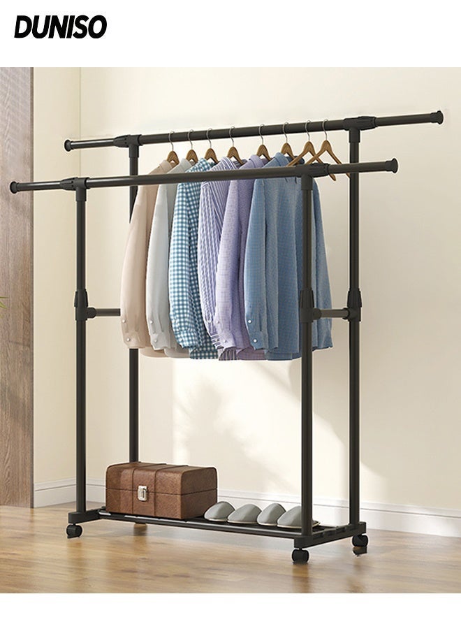 DUNISO Metal Clothes Rack with Double Rods ,Multipurpose Clothes Organizer Stand with Wheels and Shoes Rack,Adjustable Drying rack for Bedroom Balcony (Black) - Image 1