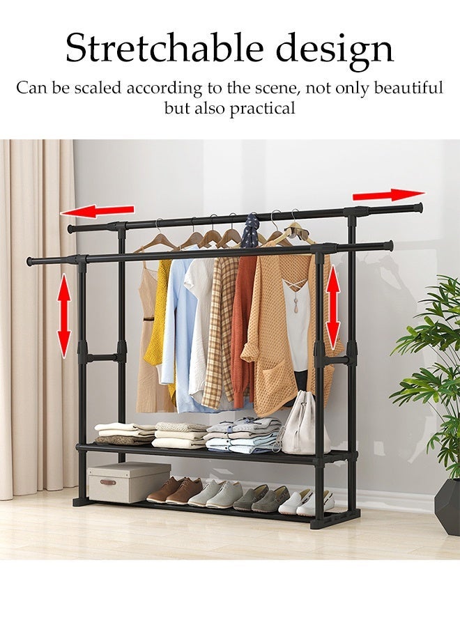 DUNISO Metal Clothes Rack with Double Rods ,Multipurpose Clothes Organizer Stand with Wheels and Shoes Rack,Adjustable Drying rack for Bedroom Balcony (Black) - Image 5