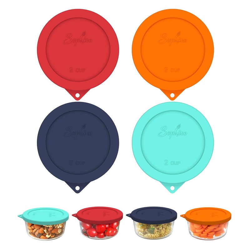 Sophico 2 Cup Round Silicone Storage Cover Lids Replacement for Anchor Hocking and Pyrex 7200PC Glass Bowls Container not Included Mix 4 Pack