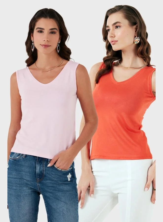 Lela Lela Slim Fit V-Neck Thick Strap 2-Pack Blouse Women's Blouse 5864384S2