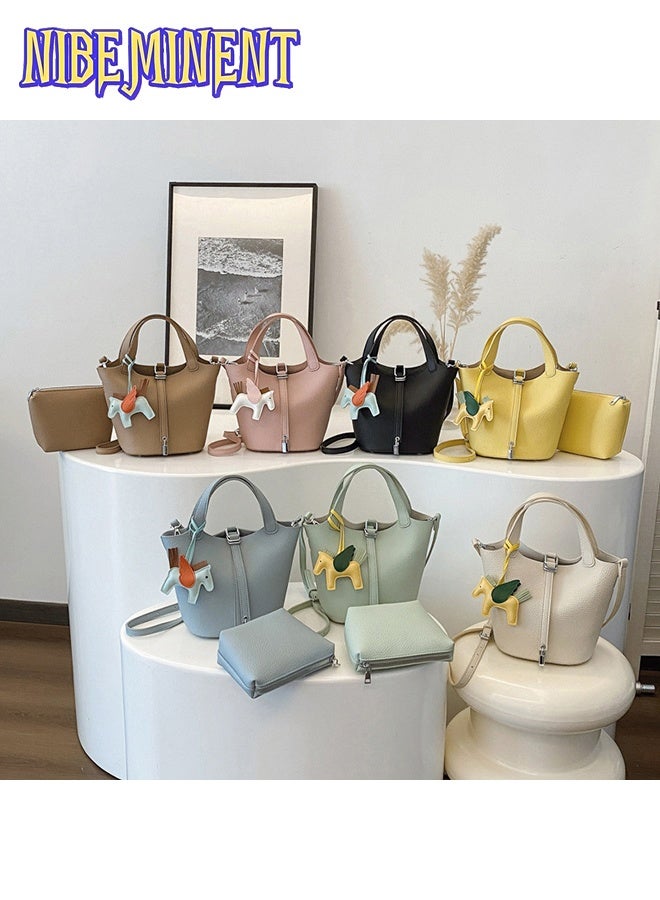 NIBEMINENT Patchwork Pendant Decor Simple Design Satchel Bag Classic Popular Lychee Pattern Bucket Tote Include Pony Pendant and Wallet - Image 5