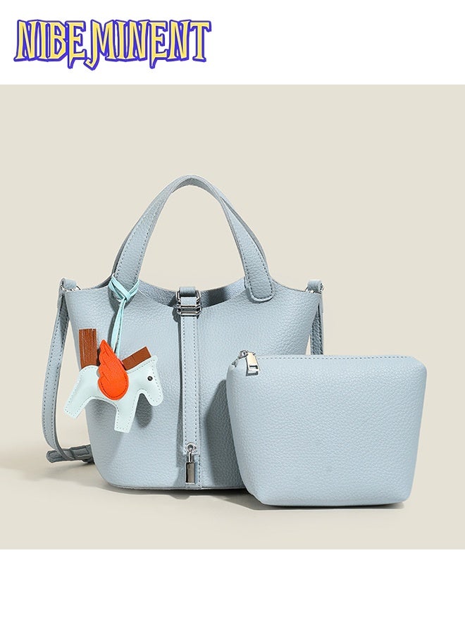 NIBEMINENT Patchwork Pendant Decor Simple Design Satchel Bag Classic Popular Lychee Pattern Bucket Tote Include Pony Pendant and Wallet - Image 1