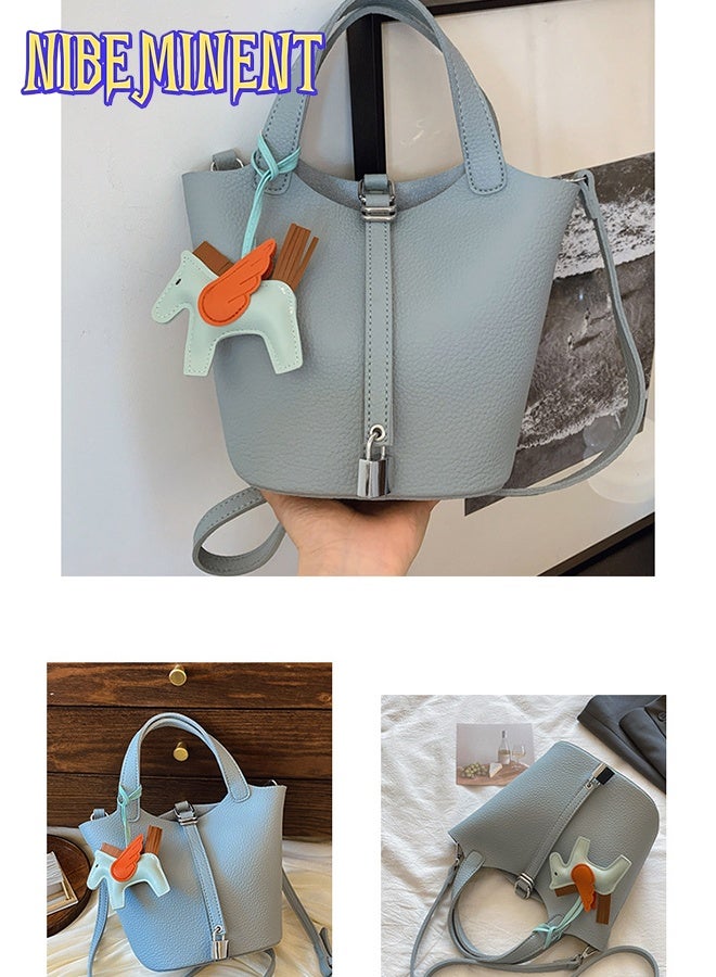 NIBEMINENT Patchwork Pendant Decor Simple Design Satchel Bag Classic Popular Lychee Pattern Bucket Tote Include Pony Pendant and Wallet - Image 2