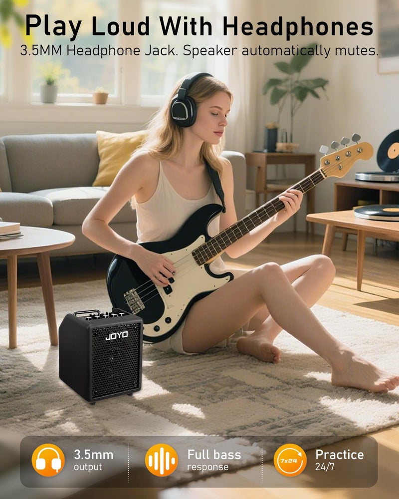 JOYO 30W Bass Amp Portable Combo Amplifier 4" Speaker with Bluetooth 5.1 + OTG Direct Recording | 3-Band EQ + Compressor | Headphone Practice for Bassist Livestream Solo Gigs (Vibe Cube BA-30, Black) - Image 5