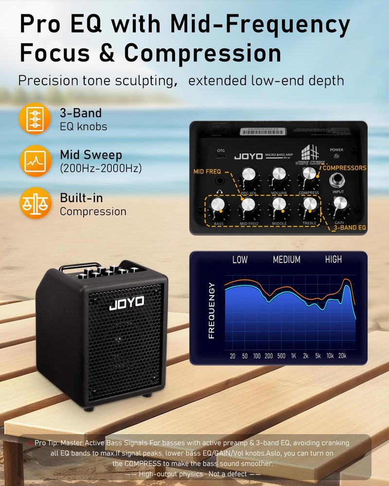 JOYO 30W Bass Amp Portable Combo Amplifier 4" Speaker with Bluetooth 5.1 + OTG Direct Recording | 3-Band EQ + Compressor | Headphone Practice for Bassist Livestream Solo Gigs (Vibe Cube BA-30, Black) - Image 3