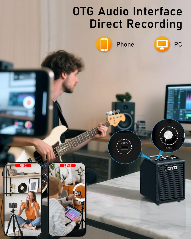 JOYO 30W Bass Amp Portable Combo Amplifier 4" Speaker with Bluetooth 5.1 + OTG Direct Recording | 3-Band EQ + Compressor | Headphone Practice for Bassist Livestream Solo Gigs (Vibe Cube BA-30, Black) - Image 4