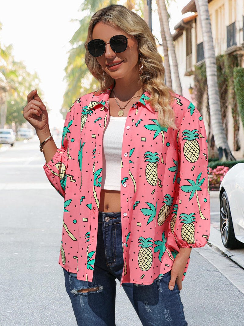 ZXZY Women Pineapple Printed Lapel Collar Half Sleeves Buttons Down Blouse Shirt - Image 2