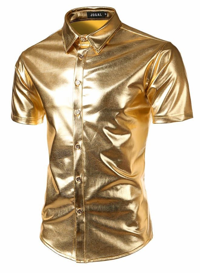 JOGAL Men's 70s Disco Shiny Metallic Gold Silver Short Sleeve Button Down Shirts, Gold, M - Image 1