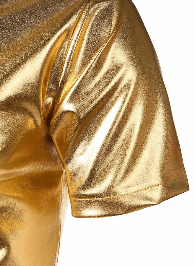 JOGAL Men's 70s Disco Shiny Metallic Gold Silver Short Sleeve Button Down Shirts, Gold, M - Image 4