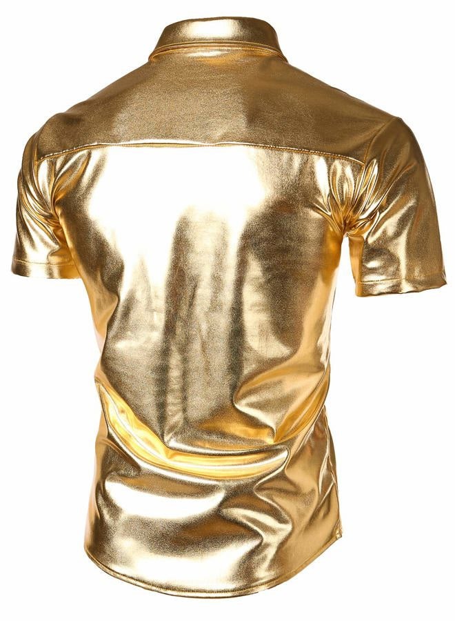 JOGAL Men's 70s Disco Shiny Metallic Gold Silver Short Sleeve Button Down Shirts, Gold, M - Image 2