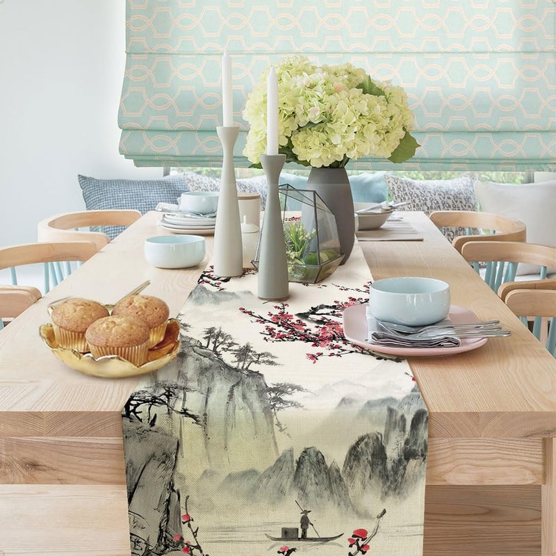 VeiVian Japanese Table Runner, Cherry Blossom Asian Anime Nature Landscape Aesthetic Kitchen Dining Table Runners for Indoor Outdoor Home Party Holiday Decor 13X72Inch - Image 4