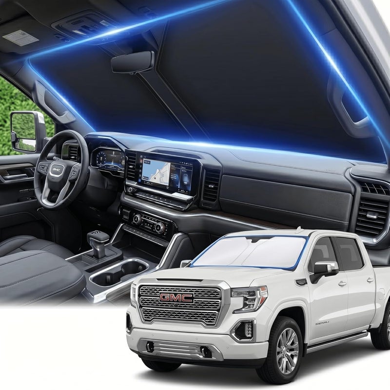 AuyNeas واقي شمسي للزجاج الأمامي لسيارة GMC Sierra 1500 2500 3500 SLT AT4 Denali 2019-2024 طبقة مزدوجة 240T واقي نافذة أمامي مخصص قابل للطي يحجب الأشعة فوق البنفسجية إكسسوارات سيارة ضرورية في الصيف صنعة متقنة - Image 1