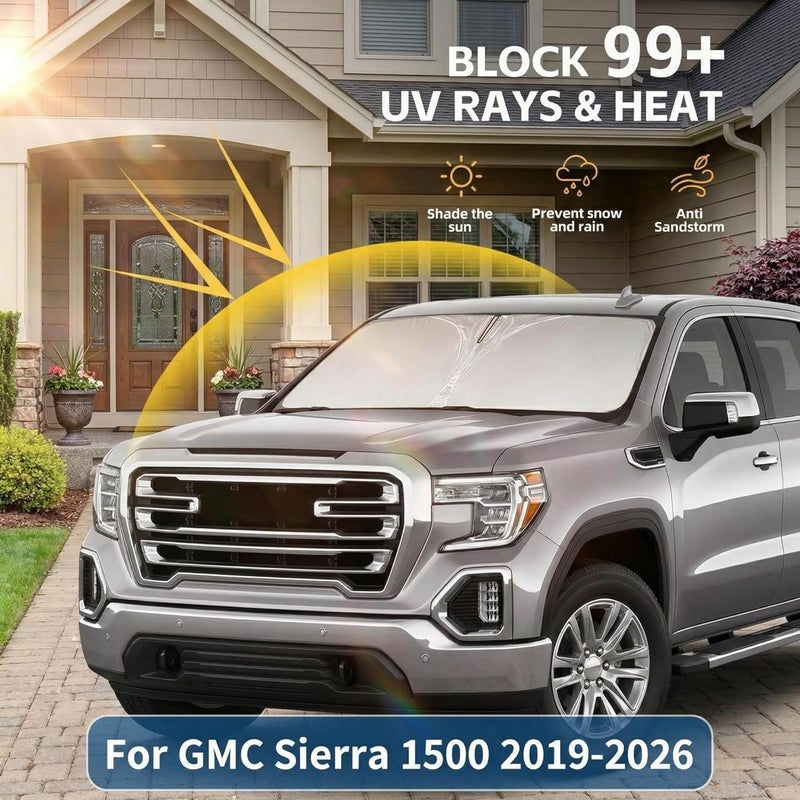 AuyNeas واقي شمسي للزجاج الأمامي لسيارة GMC Sierra 1500 2500 3500 SLT AT4 Denali 2019-2024 طبقة مزدوجة 240T واقي نافذة أمامي مخصص قابل للطي يحجب الأشعة فوق البنفسجية إكسسوارات سيارة ضرورية في الصيف صنعة متقنة - Image 2
