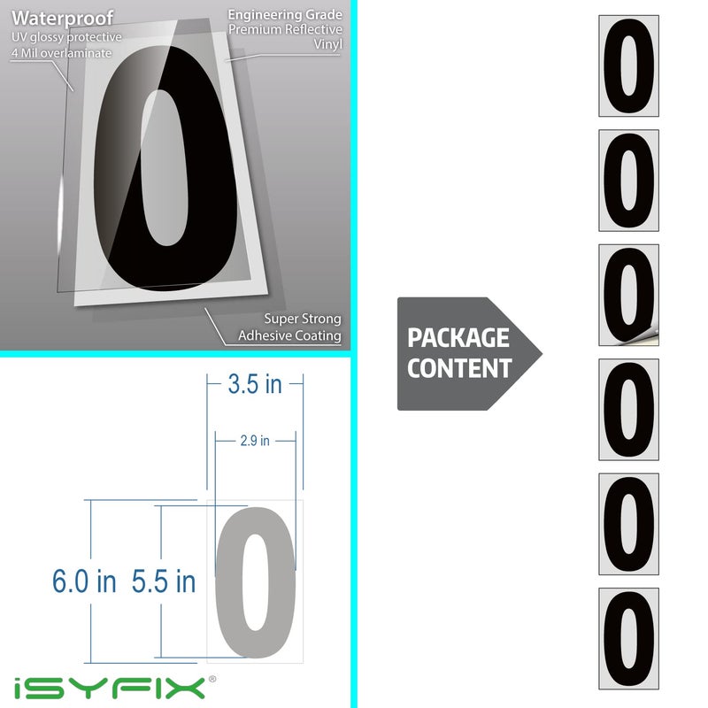 iSYFIX Black Vinyl Number 0 (Zero) Stickers - 6 Pack 6 inch - Premium Decal, Reflective Background, Pre-Spaced for Mailbox, Signs, Window, Door, Cars, Truck, Home, Business, Address, Indoor & Outdoor - Image 2