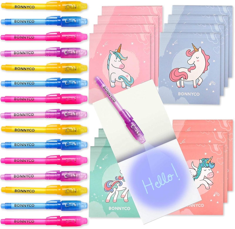 BONNYCO Invisible Ink Pen and Notebook Pack 16, Unicorn Party Favors for Kids. Magic Spy Pen Goodie Bags Stuffers for Kids, Unicorn Birthday Party Supplies. Goody Bag Stuffers, Return Gifts Prizes - Image 1
