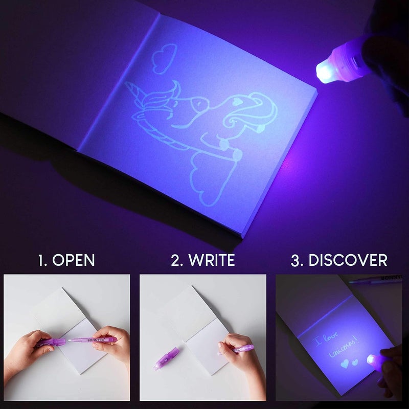 BONNYCO Invisible Ink Pen and Notebook Pack 16, Unicorn Party Favors for Kids. Magic Spy Pen Goodie Bags Stuffers for Kids, Unicorn Birthday Party Supplies. Goody Bag Stuffers, Return Gifts Prizes - Image 2