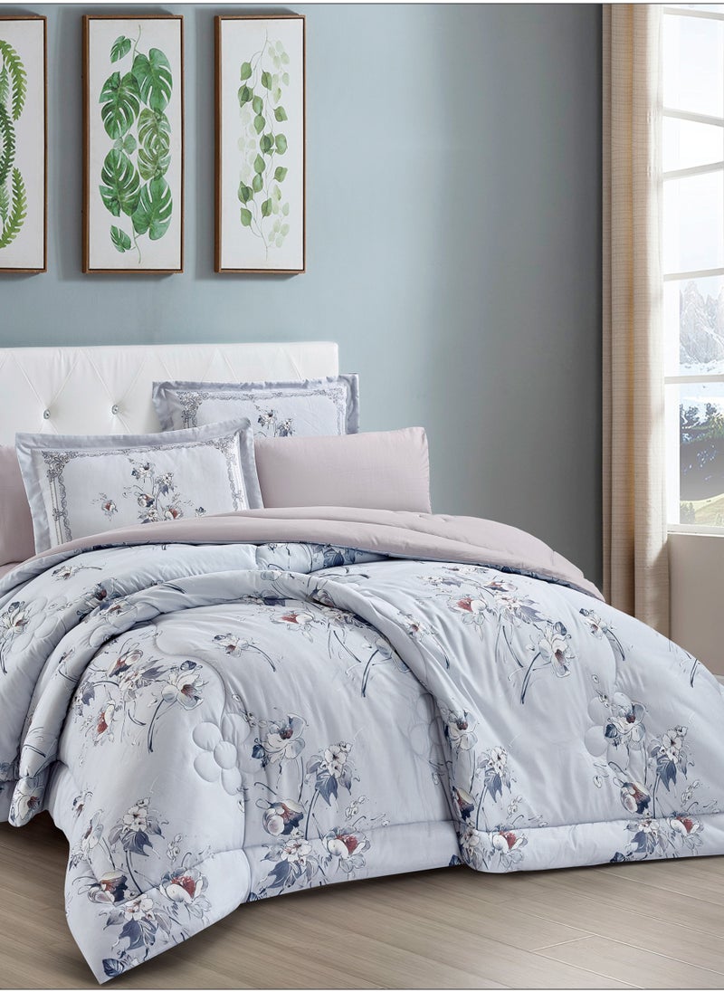 Donetella - Comforter Set 4-Pcs Single Size Printed Reversible Bed FIt 170x 230 CM All Season Comforter With (350 GSM) Down Alternative Filling, Cadet Blue - Image 1