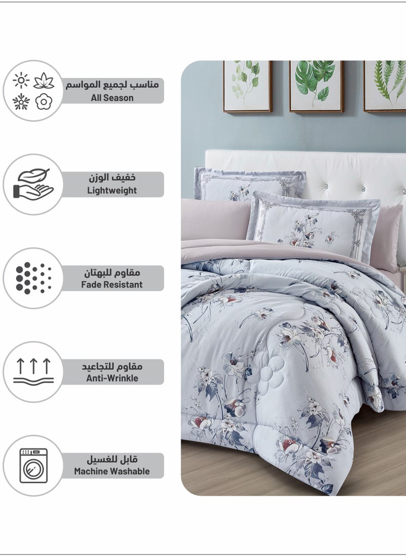 Donetella - Comforter Set 4-Pcs Single Size Printed Reversible Bed FIt 170x 230 CM All Season Comforter With (350 GSM) Down Alternative Filling, Cadet Blue - Image 1