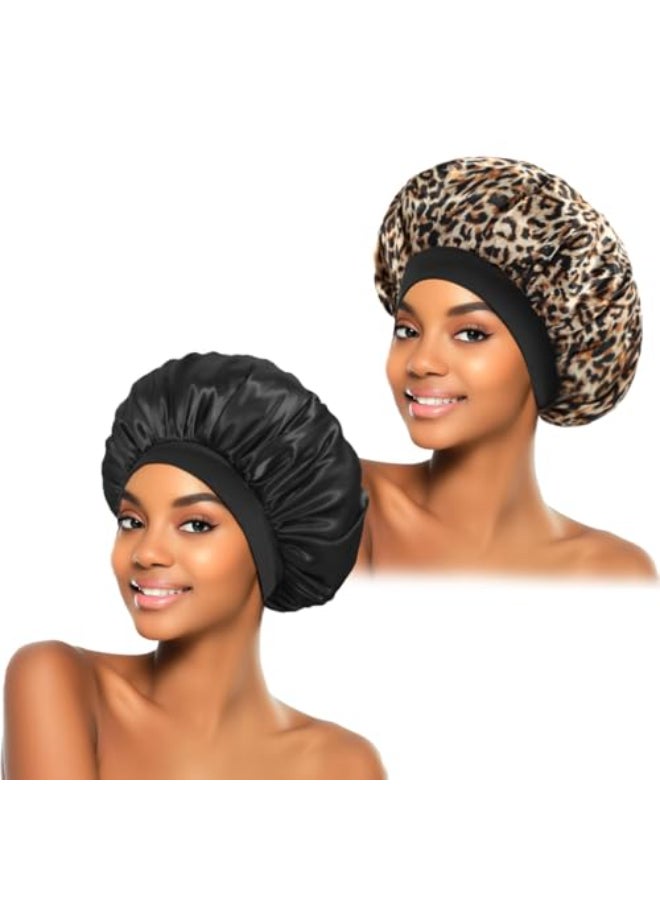 ZHENSILK 2Pcs Satin Bonnet for Sleeping Silk Hair Bonnets Soft Elastic Band Silk Sleep Cap Hair Wrap for WomenBlack Leopard - Image 1