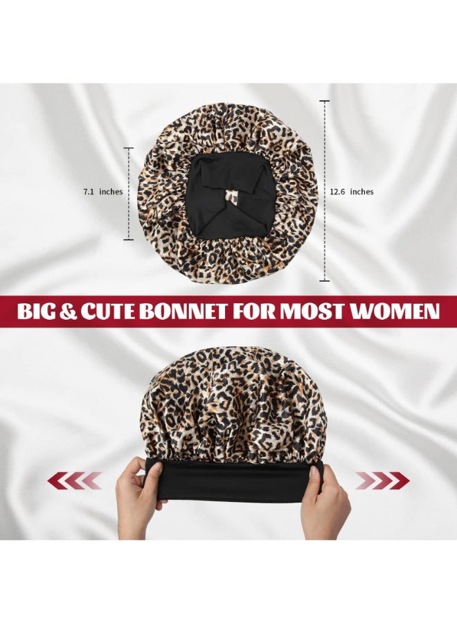 ZHENSILK 2Pcs Satin Bonnet for Sleeping Silk Hair Bonnets Soft Elastic Band Silk Sleep Cap Hair Wrap for WomenBlack Leopard - Image 4