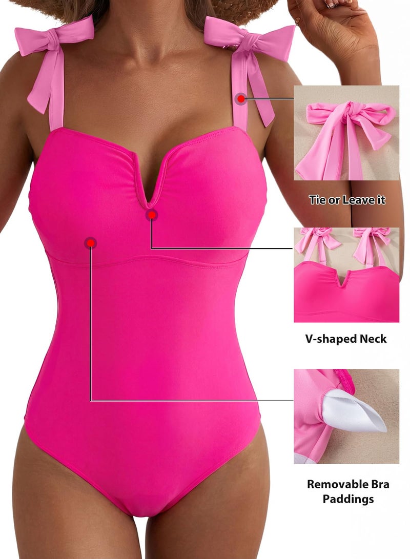 Aleumdr 2026 Women's One Piece Bathing Suit Color Block Swimsuit Tummy Control Swimwear V Neck Adjustable Straps Monokini Slimming Modest Swimwear Rose Red Large - Image 5
