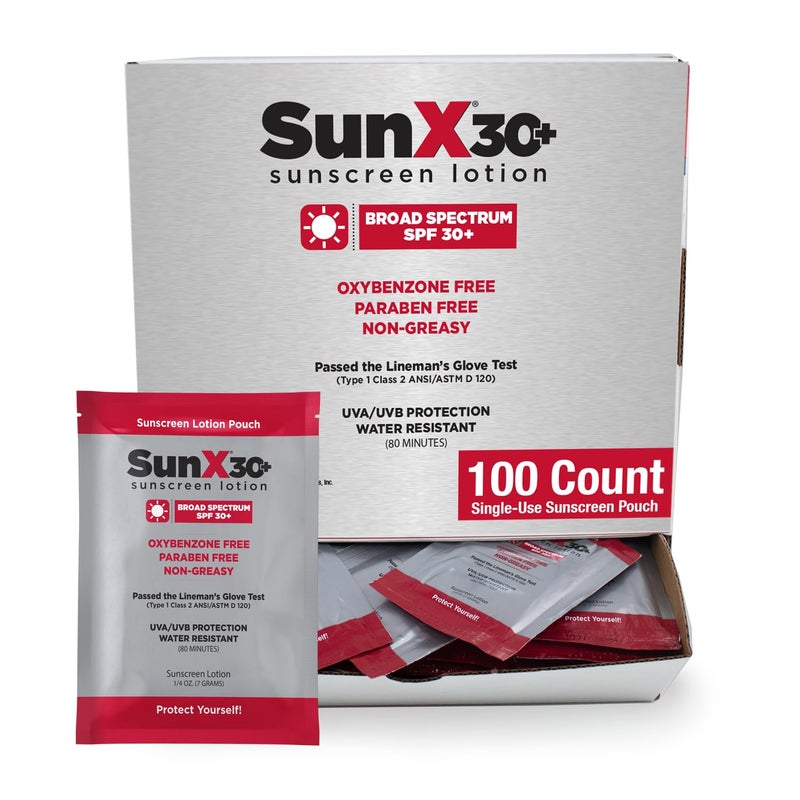 CoreTex Sun X 30 SPF Individual Sunscreen Packets Travel Size Bulk Pack of 100 Paraben Oxybenzone Oil Free Broad Spectrum Sunscreen No White Cast and Water Sweat Resistant Up to 80 Minutes