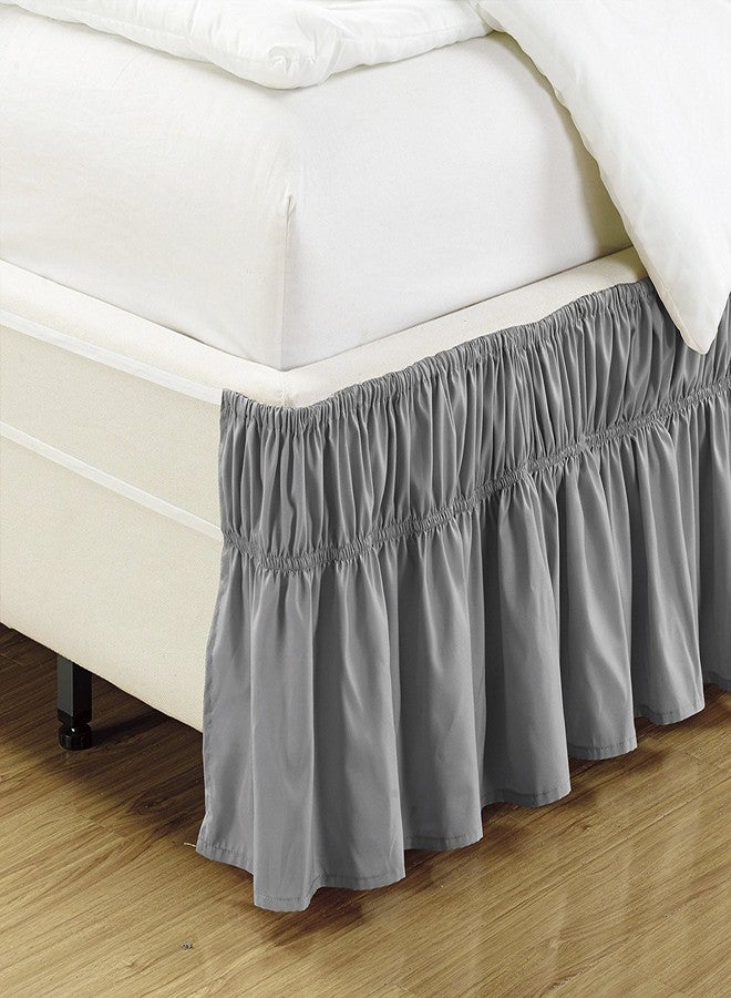 Linen Plus تنورة سرير مرنة بارتفاع 14" سهلة التركيب/سهلة الإزالة مزينة بالتجاعيد بلون رمادي فاتح، حجم كوين-كينغ - Image 1