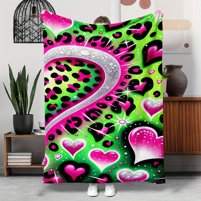 1pc Design Printed Flannel Throw Blanket 39.37x59.06inch Oversized Soft and Comfortable Nap Blanket with Bold Bright Avant Garde Style Featuring Pink Hearts Leopard Print and Elemental Patterns - Image 1