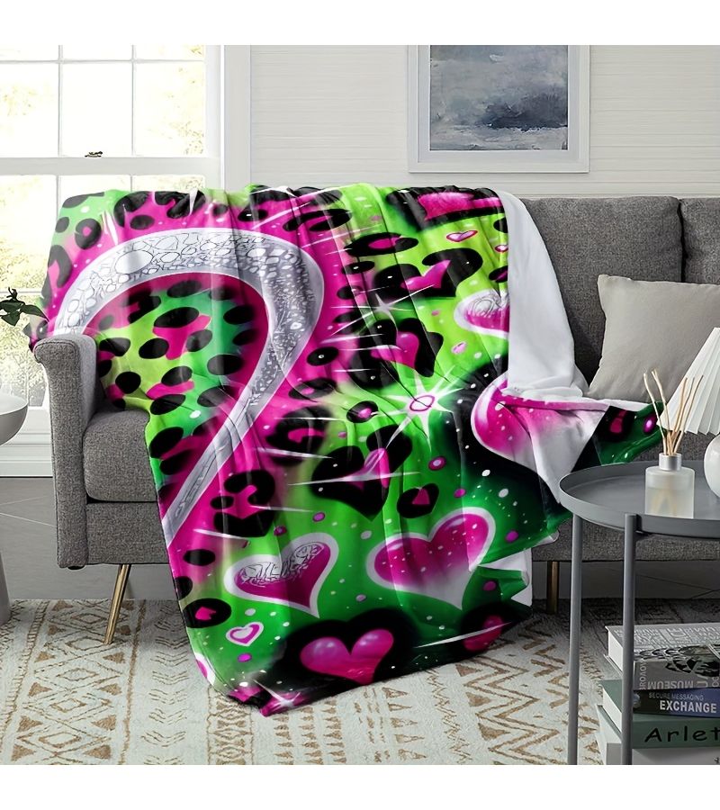 1pc Design Printed Flannel Throw Blanket 39.37x59.06inch Oversized Soft and Comfortable Nap Blanket with Bold Bright Avant Garde Style Featuring Pink Hearts Leopard Print and Elemental Patterns - Image 2