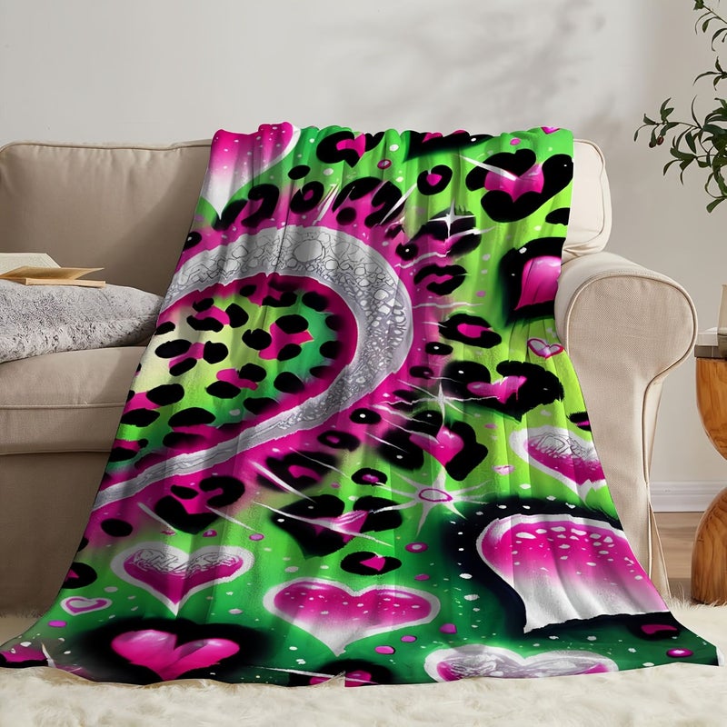 1pc Design Printed Flannel Throw Blanket 39.37x59.06inch Oversized Soft and Comfortable Nap Blanket with Bold Bright Avant Garde Style Featuring Pink Hearts Leopard Print and Elemental Patterns - Image 4