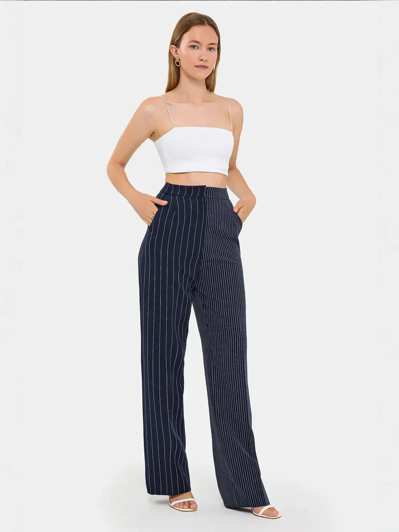 Hiccup Blue Striped High Waist Straight Leg Trousers for Women | Best Price UAE