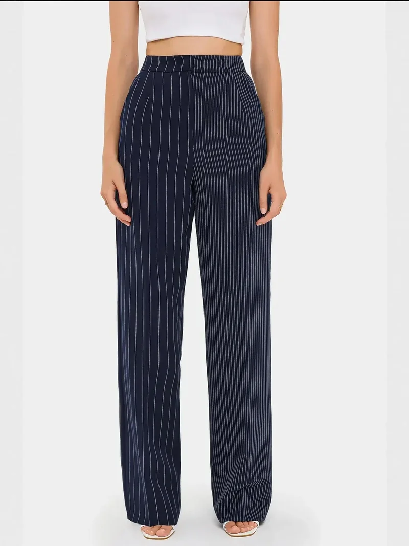 Hiccup Blue Striped High Waist Straight Leg Trousers for Women | Best Price UAE
