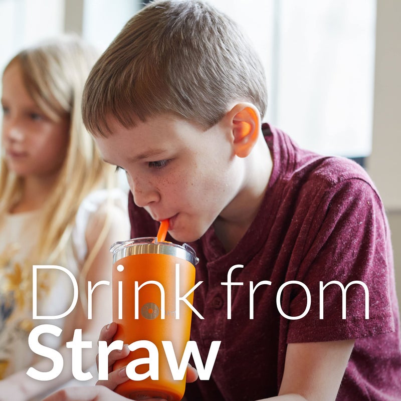 PopYum 13oz Insulated Stainless Steel Kidsâ€™ Cups with Lid and Straw, 2-Pack, Orange, Blue, stackable, sippy, baby, child, toddler, tumbler, double wall, vacuum, leak proof - Image 2