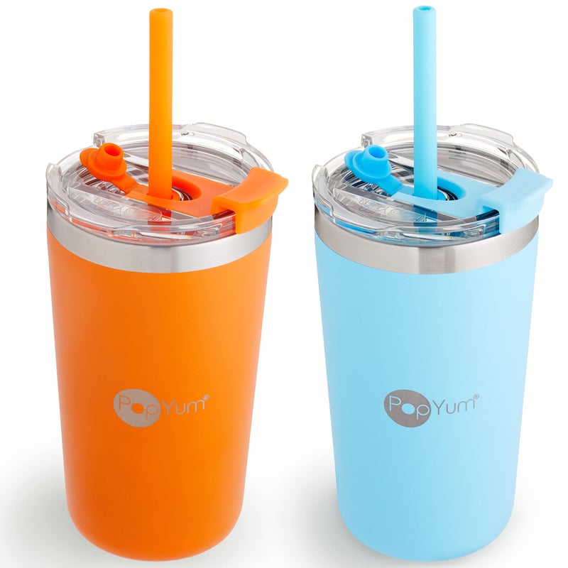 PopYum 13oz Insulated Stainless Steel Kidsâ€™ Cups with Lid and Straw, 2-Pack, Orange, Blue, stackable, sippy, baby, child, toddler, tumbler, double wall, vacuum, leak proof - Image 1