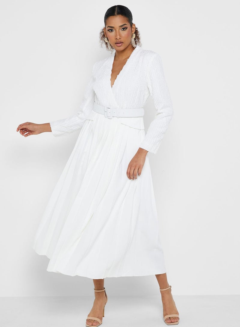 Pleated Belted Dress