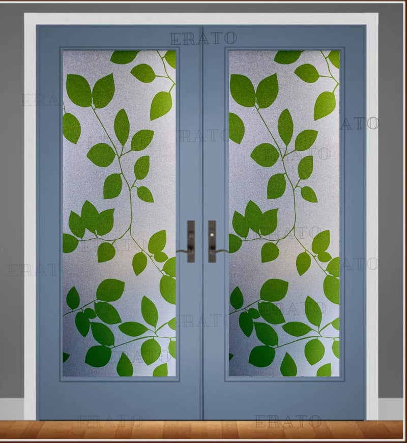 ERATO™ Vinyl Self Adhesive Frosted Window Glass Film Privacy Sunlight Blocking UV Protection Film for Office/Home/Bathroom Static Cling Non Adhesive Film (Inch 16x72, Green Leaf Plant Flower) - Image 3