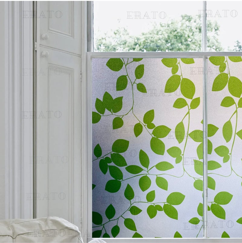 ERATO™ Vinyl Self Adhesive Frosted Window Glass Film Privacy Sunlight Blocking UV Protection Film for Office/Home/Bathroom Static Cling Non Adhesive Film (Inch 16x72, Green Leaf Plant Flower) - Image 4
