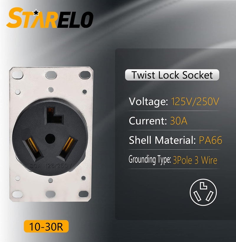 STARELO Flush Mounting Receptacle 10-30R, 30A 125/250V 3 Pole 3 Wire, No Grounding, Straight Blade, Outlet for Electric Dryers, Heavy Duty Industrial Grade Power Receptacle, (10-30R) - Image 3