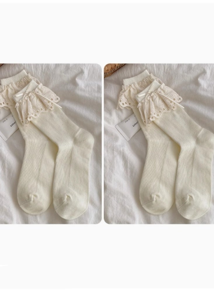 الدانتيل الدانتيل الشريط التعادل المد والجزر الجوارب النساء الحليب الأبيض 【2 أزواج】 - Image 1