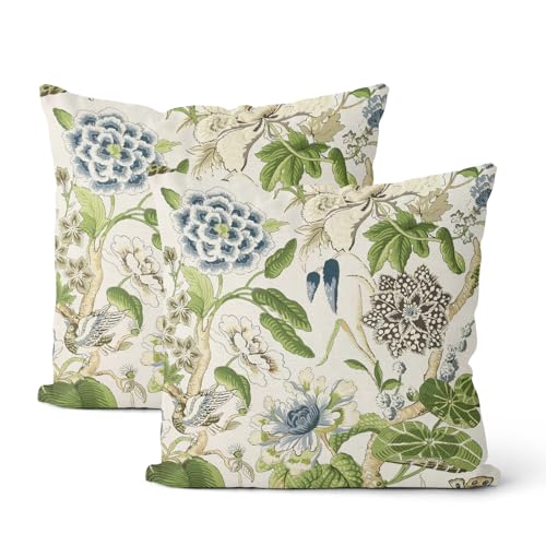 DAFENA Sage Green Boho Pillow Covers 18x18 Inch 2 Pcs Blue Green Vintage Floral Bird Decor Throw Pillows Chinoiserie Flower Seasonal Outdoor Farmhouse Pillowcase Linen Cushion Cover for Couch Sofa - Image 1