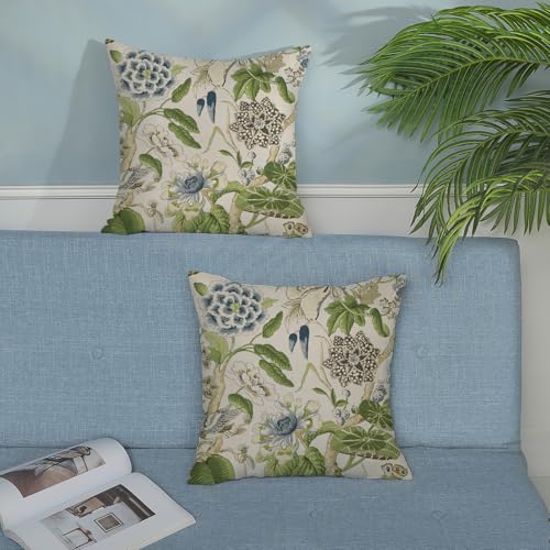 DAFENA Sage Green Boho Pillow Covers 18x18 Inch 2 Pcs Blue Green Vintage Floral Bird Decor Throw Pillows Chinoiserie Flower Seasonal Outdoor Farmhouse Pillowcase Linen Cushion Cover for Couch Sofa - Image 3