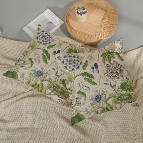 DAFENA Sage Green Boho Pillow Covers 18x18 Inch 2 Pcs Blue Green Vintage Floral Bird Decor Throw Pillows Chinoiserie Flower Seasonal Outdoor Farmhouse Pillowcase Linen Cushion Cover for Couch Sofa - Image 5