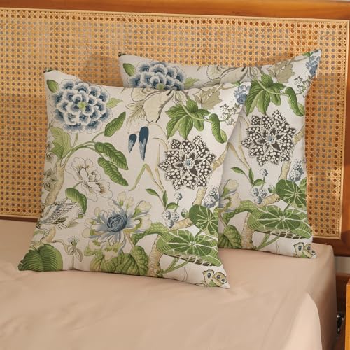 DAFENA Sage Green Boho Pillow Covers 18x18 Inch 2 Pcs Blue Green Vintage Floral Bird Decor Throw Pillows Chinoiserie Flower Seasonal Outdoor Farmhouse Pillowcase Linen Cushion Cover for Couch Sofa - Image 2