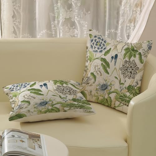 DAFENA Sage Green Boho Pillow Covers 18x18 Inch 2 Pcs Blue Green Vintage Floral Bird Decor Throw Pillows Chinoiserie Flower Seasonal Outdoor Farmhouse Pillowcase Linen Cushion Cover for Couch Sofa - Image 4