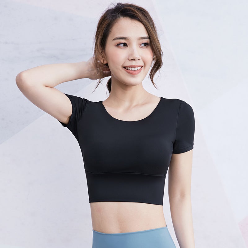 Generic American Back Yoga Clothing Womens Vest with Chest Pad Short Navel Vest Quick-drying Elastic Sports Underwear Short-sleeved Fitness Clothing Black